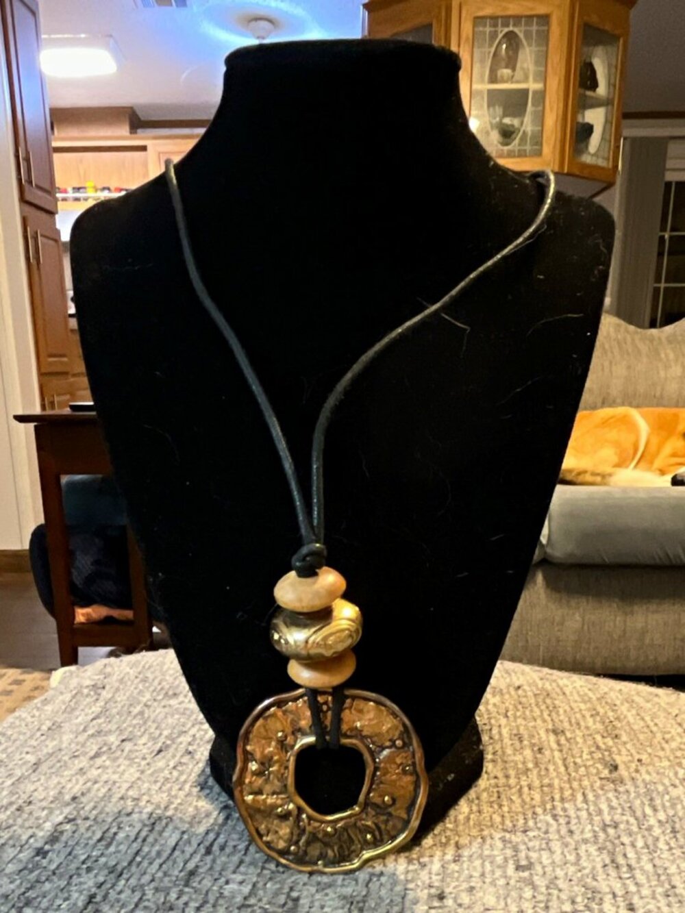 Black Leather Cord Necklace w/ Round Amulet Pendant Metal Bead Accents